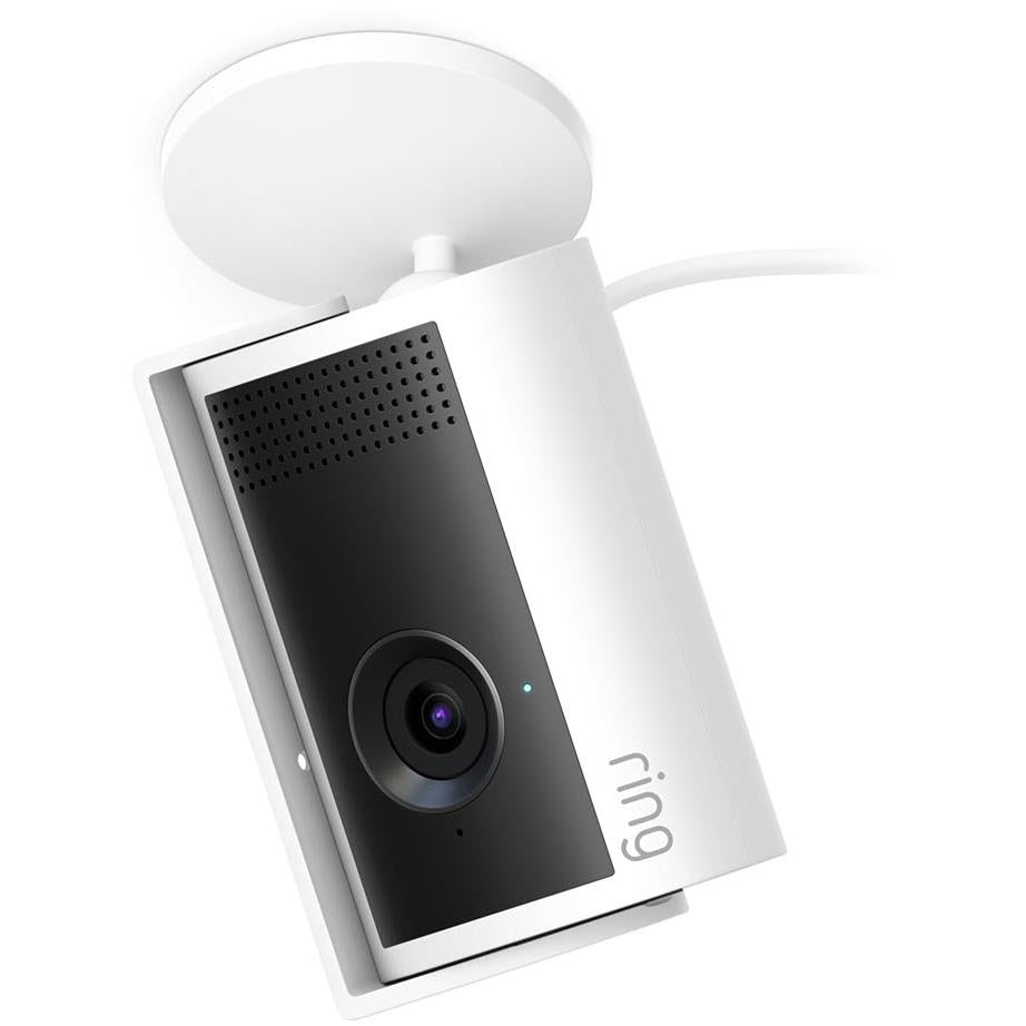 White indoor security camera with black faceplate, lens, and circular top mount