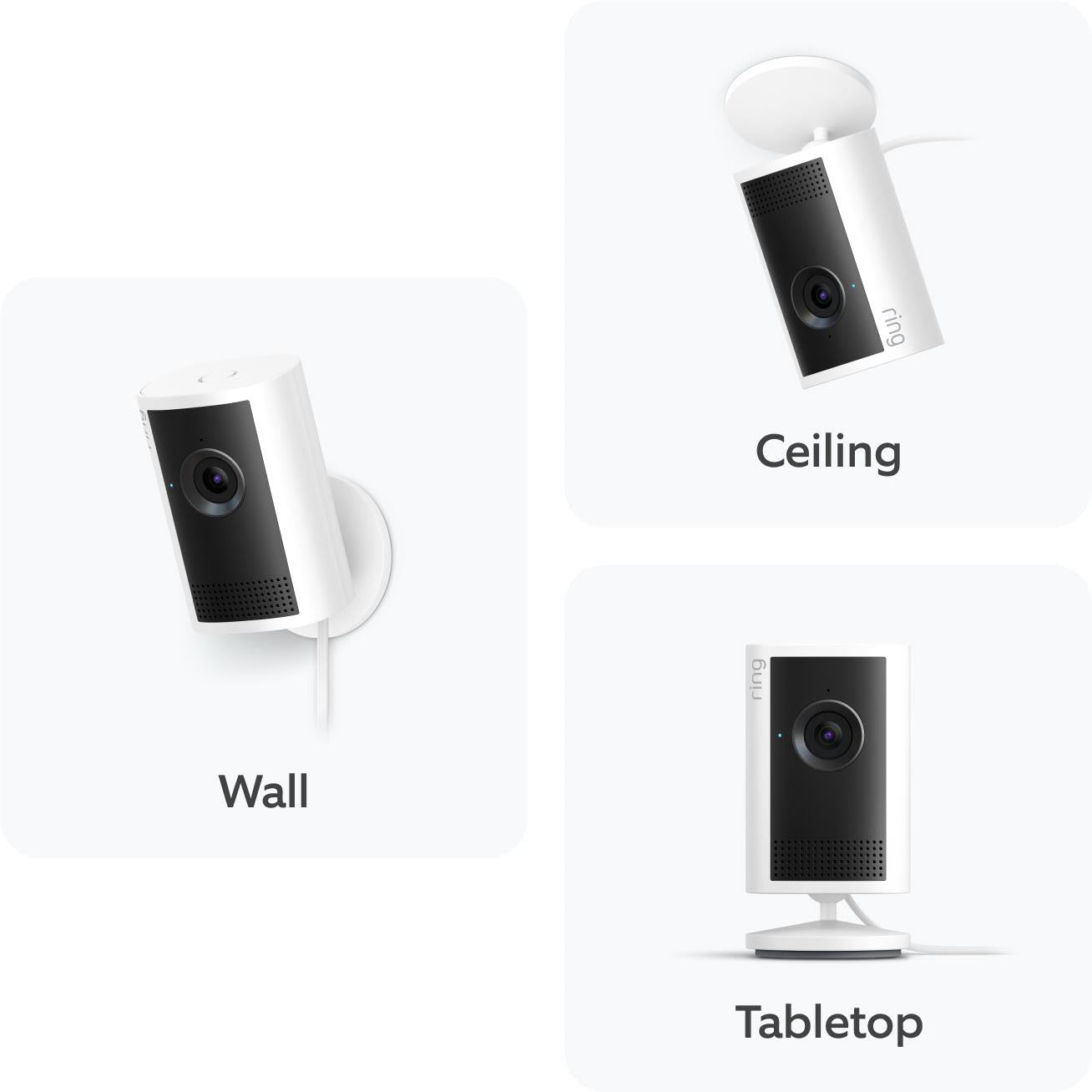 White indoor security camera with wall, ceiling, and tabletop mounting options