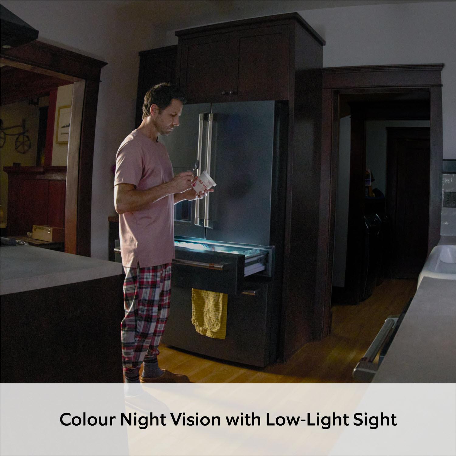Indoor security camera low-light night vision example with illuminated blue details