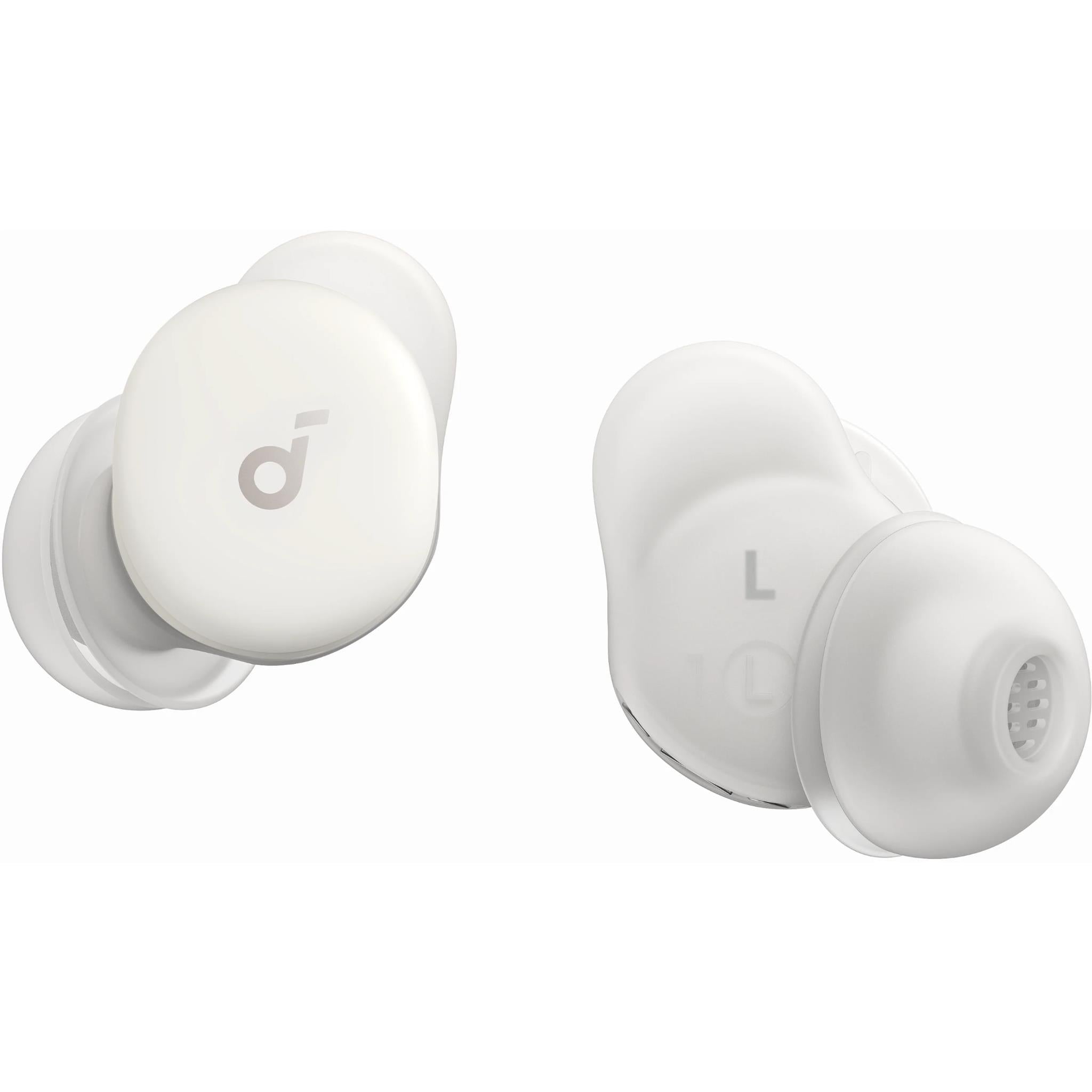 soundcore Sleep A30 white earbuds with foam tips, close-up front and side view