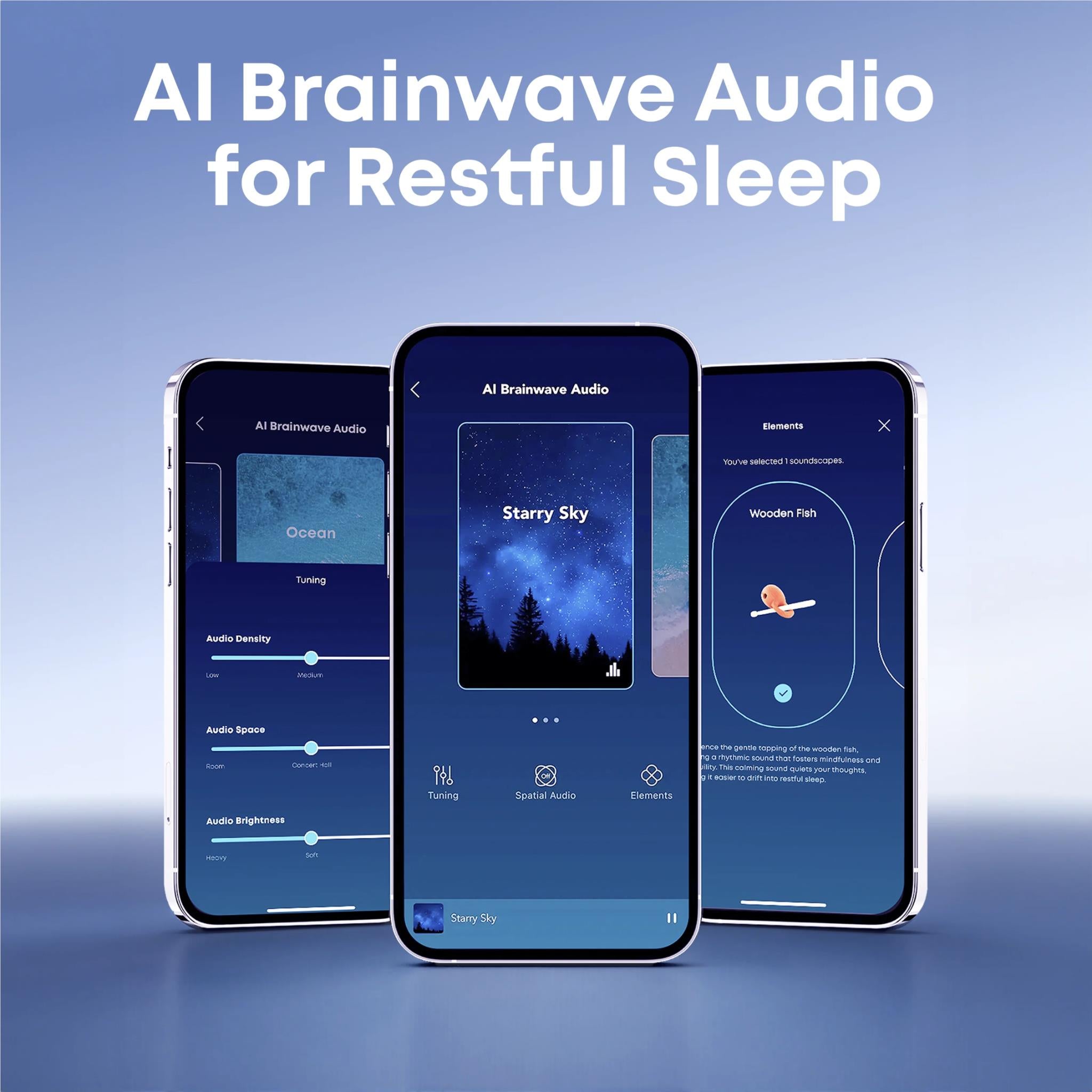 soundcore Sleep A30 earbud app interface with sleep audio settings on phones