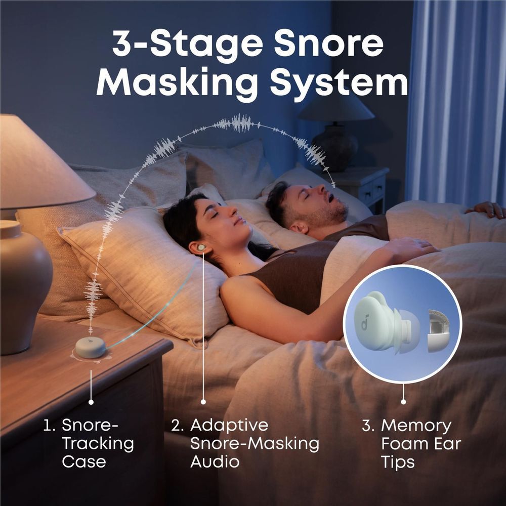 Sleep earbud with memory foam tips shown in snore masking graphic