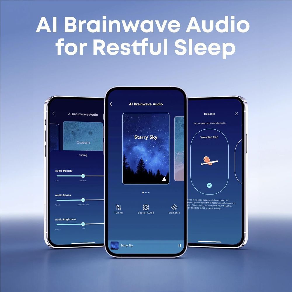 AI Brainwave Audio sleep app screens displayed on three smartphones