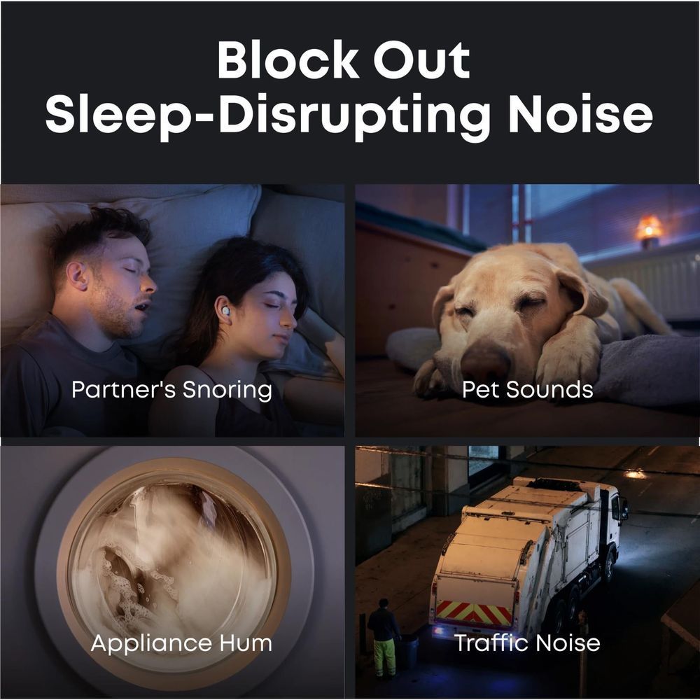 Sleep noise reduction collage showing snoring, pet sounds, appliance hum, traffic noise