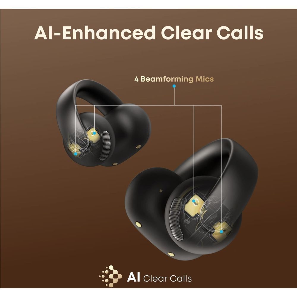 Black open-ear clip-on earbuds with visible mic grilles, illustrated for clear calls.