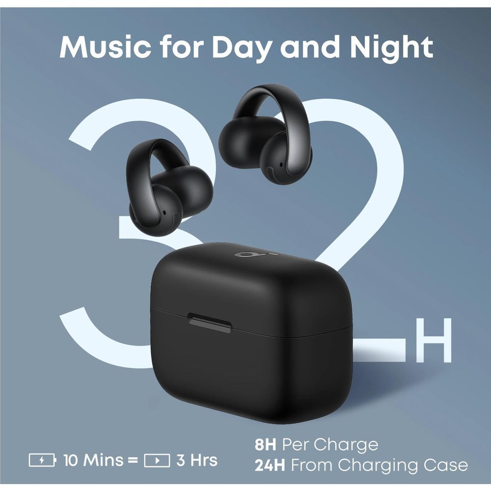 Black open-ear clip-on earbuds with charging case, earbuds and case shown together.