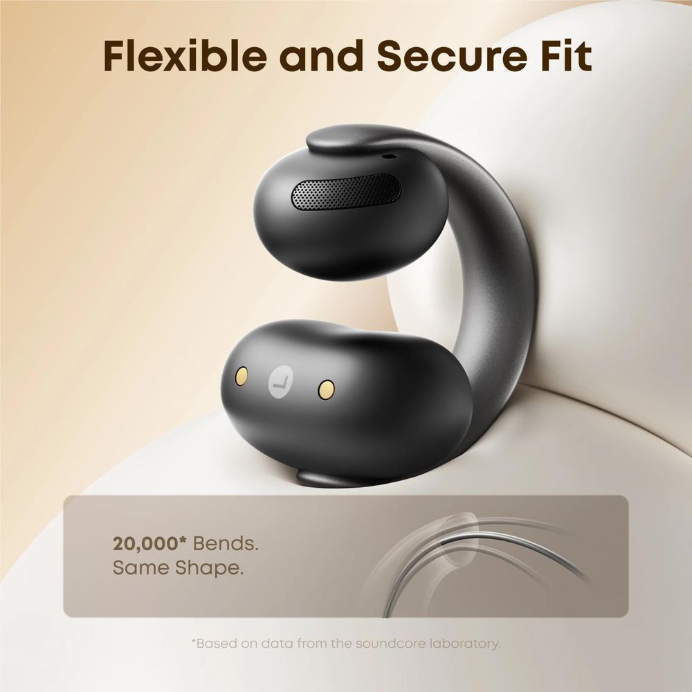 Black open-ear clip-on earbuds with flexible earhooks, shown together in close-up.