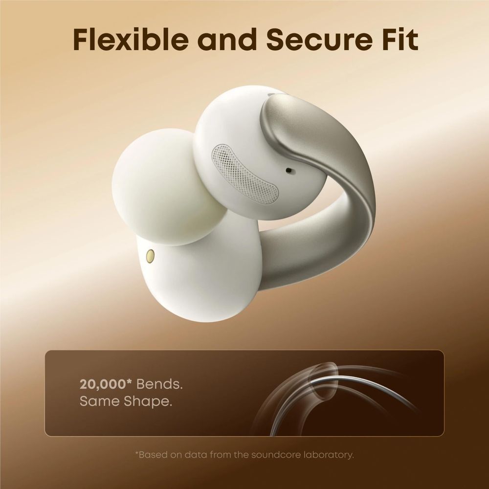 soundcore open-ear clip-on earbuds in white with beige ear hooks and mesh grille