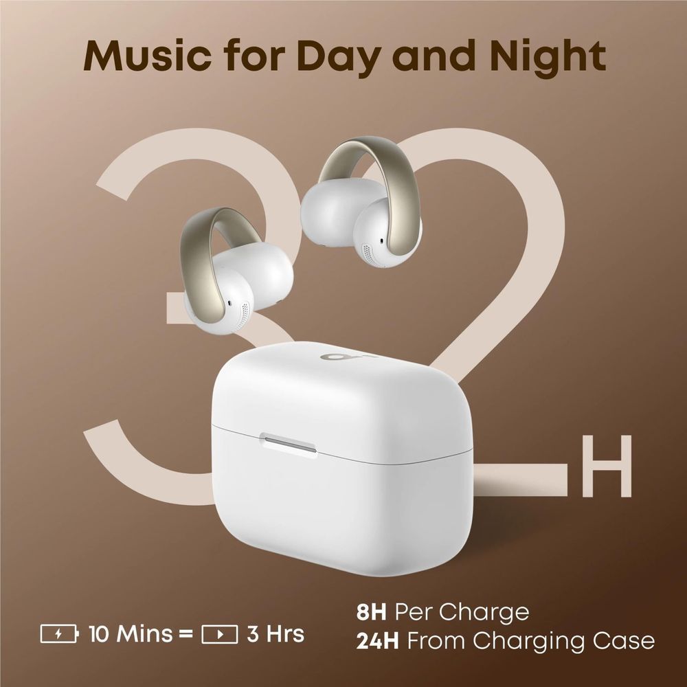 soundcore open-ear clip-on earbuds with white charging case, two earbuds shown