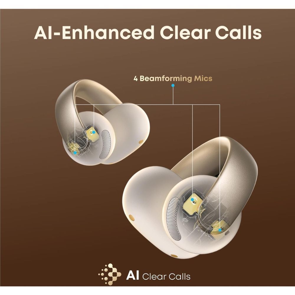 soundcore open-ear clip-on earbuds in white, mic areas and mesh speaker grille