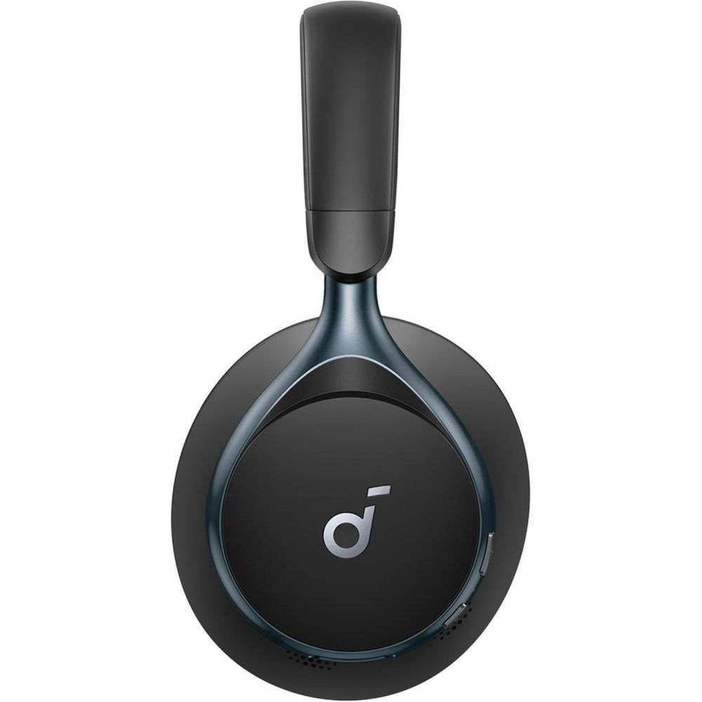 Black over-ear headphones with cushioned headband and single earcup, blue trim and logo.