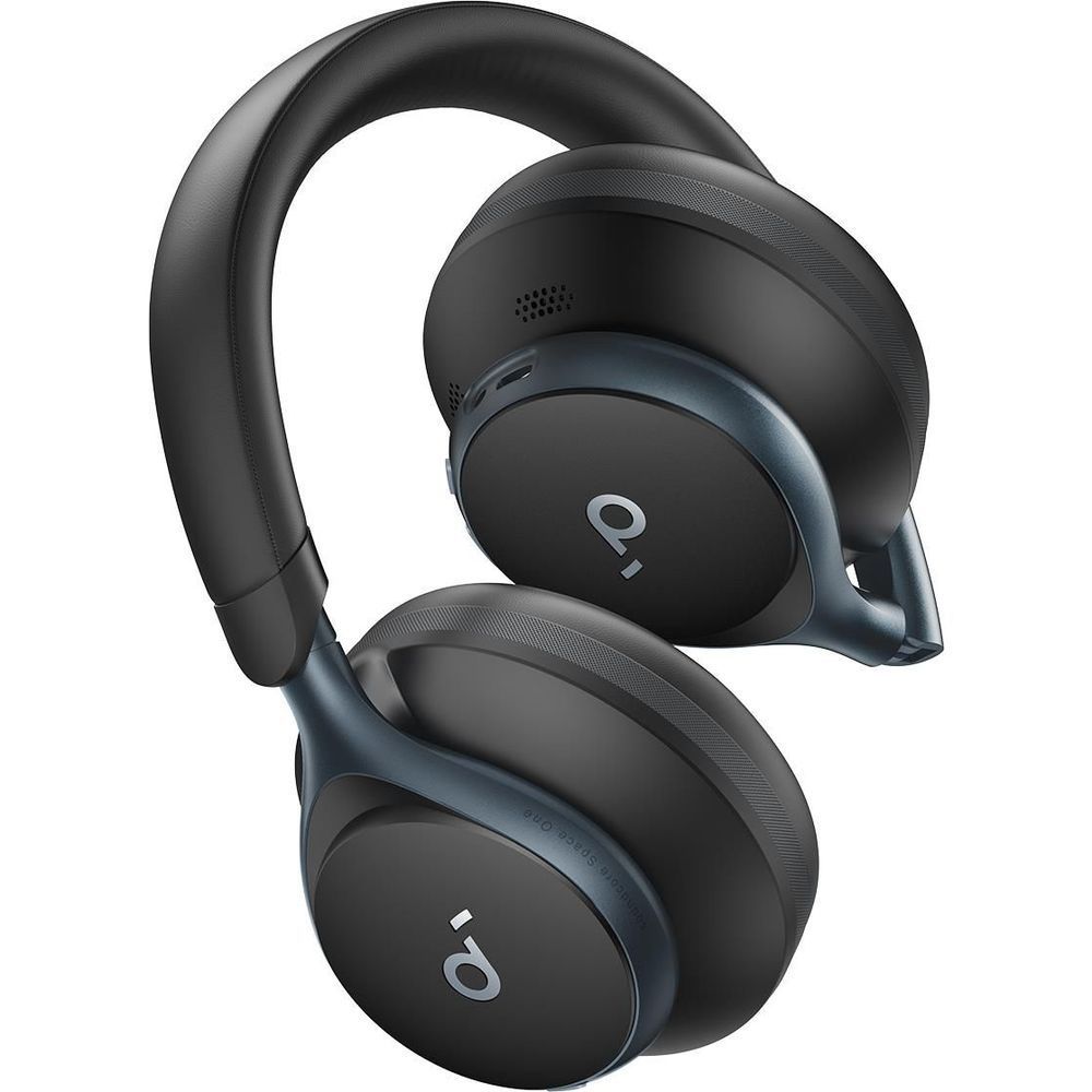 Black over-ear headphones with cushioned earcups and headband, blue accent trim, folded design.
