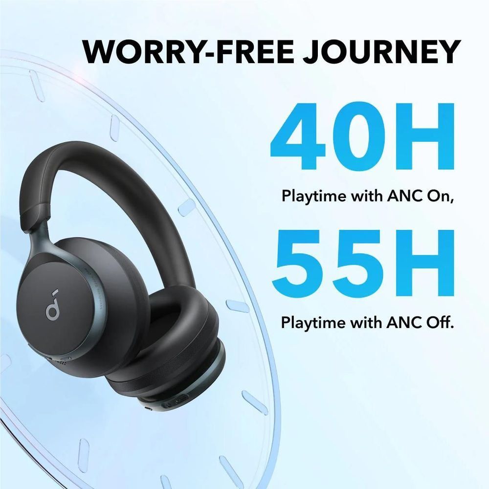Black over-ear headphones in side view with padded headband, earcups, and blue accent trim.