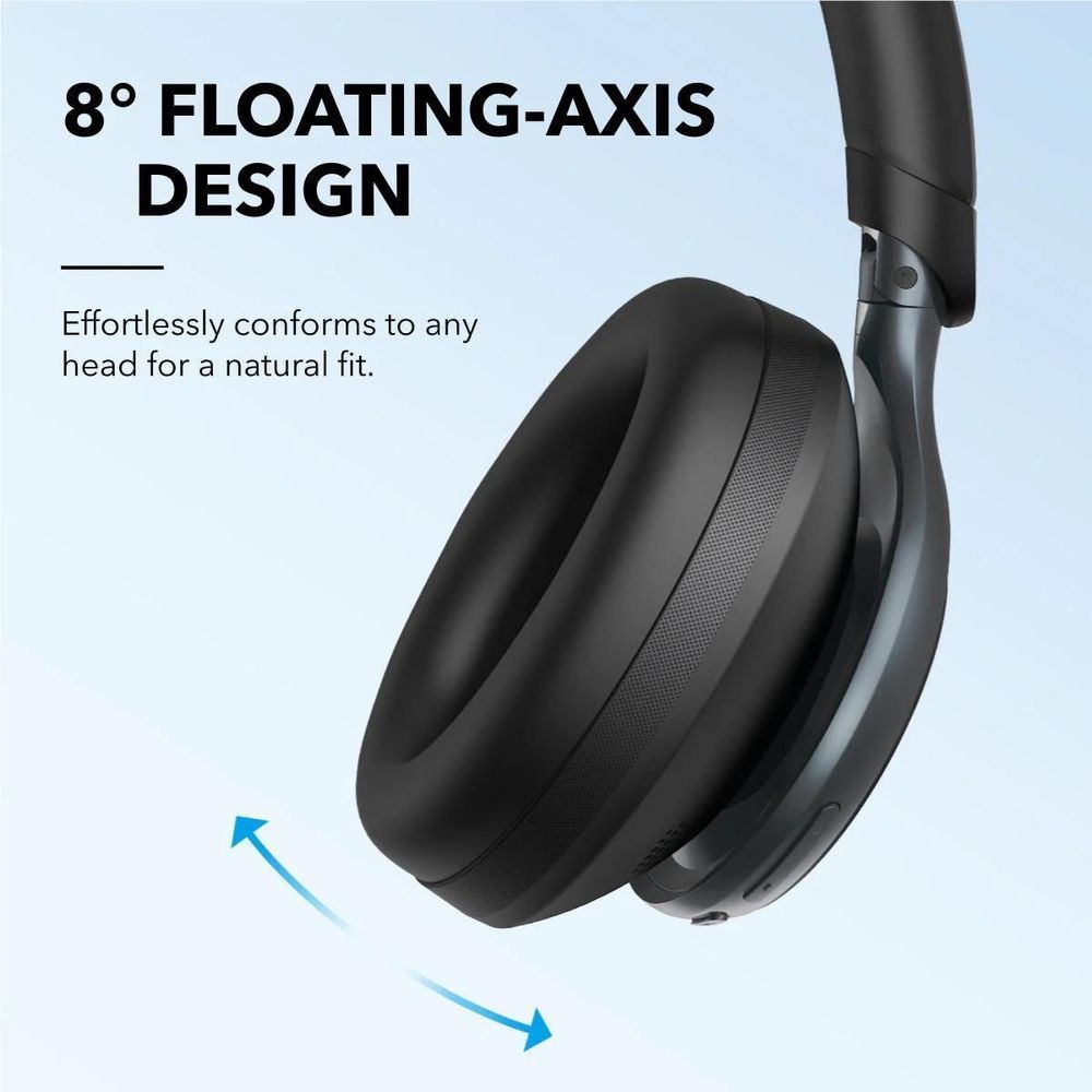 Black over-ear headphone close-up showing cushioned earcup and headband with blue detailing.