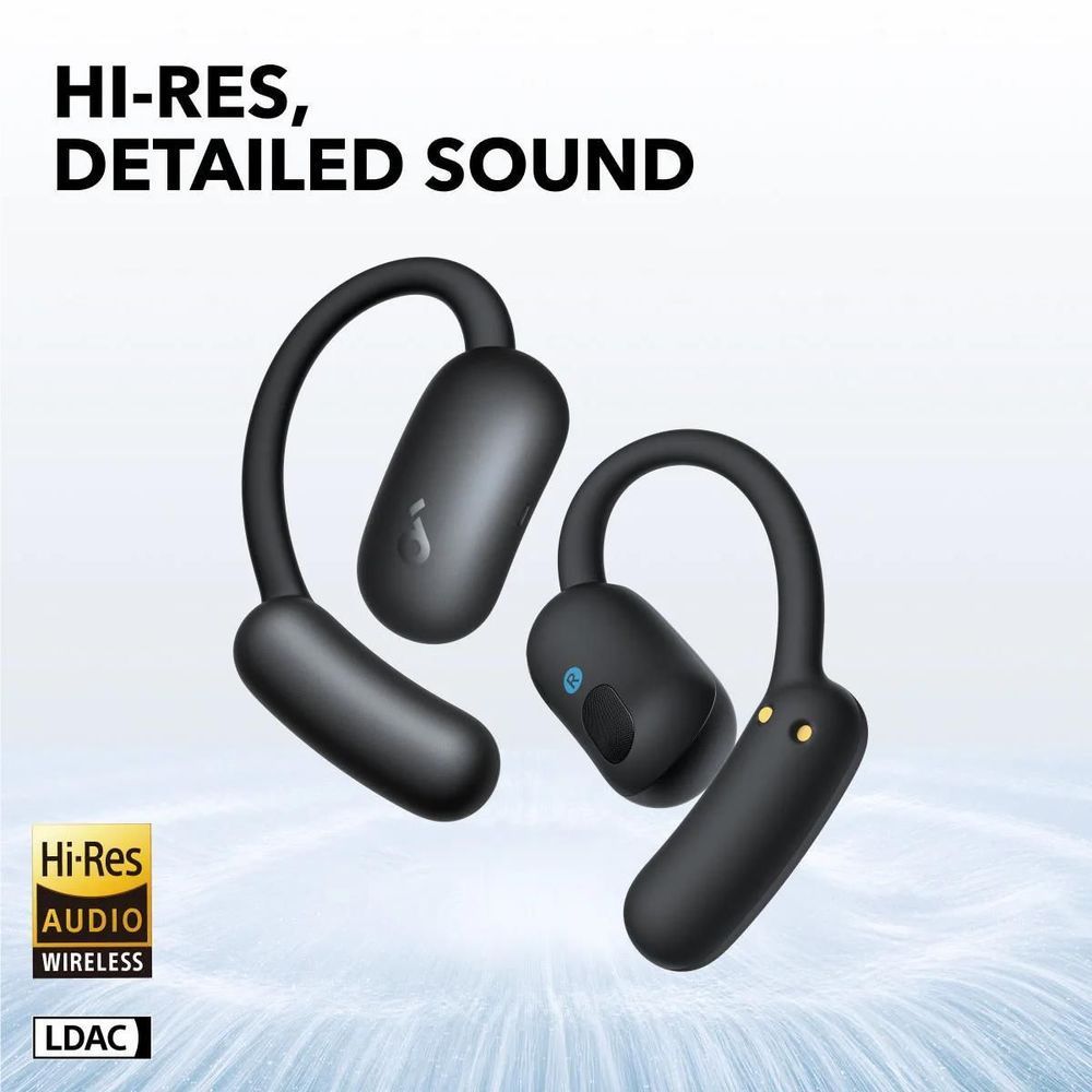 Black open-ear wireless earbuds with oval ear housings and ear hooks