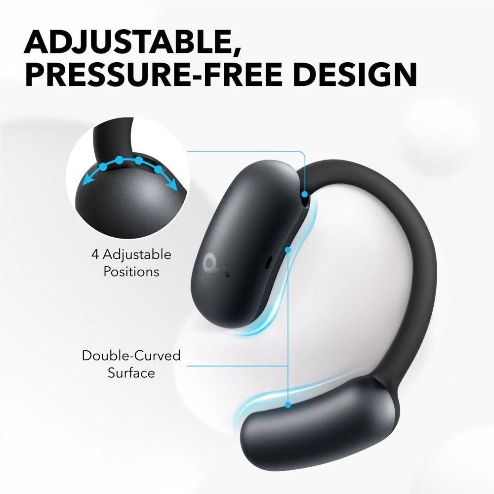Black open-ear wireless earbuds with adjustable pressure-free fit and ear hooks