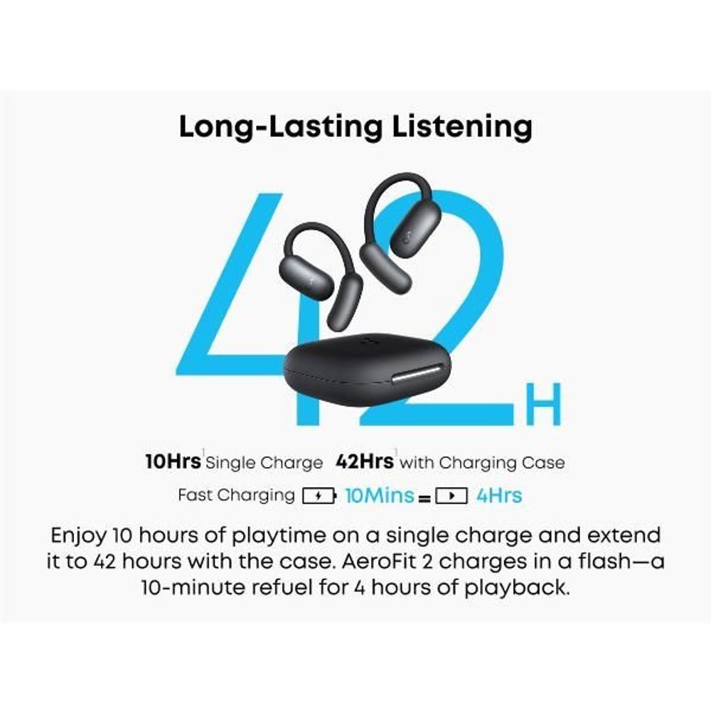 Black open-ear wireless earbuds with charging case