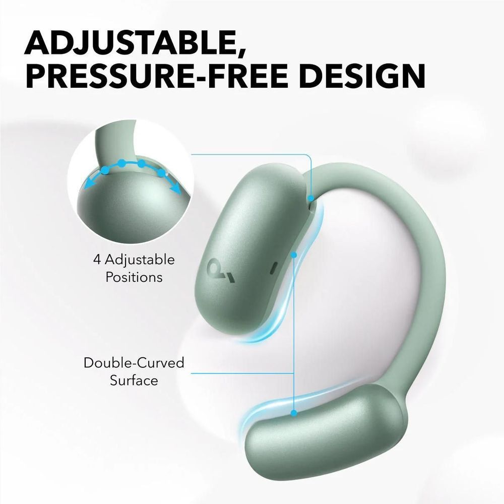 Mint green open-ear wireless earbuds with adjustable fit and pressure-free design