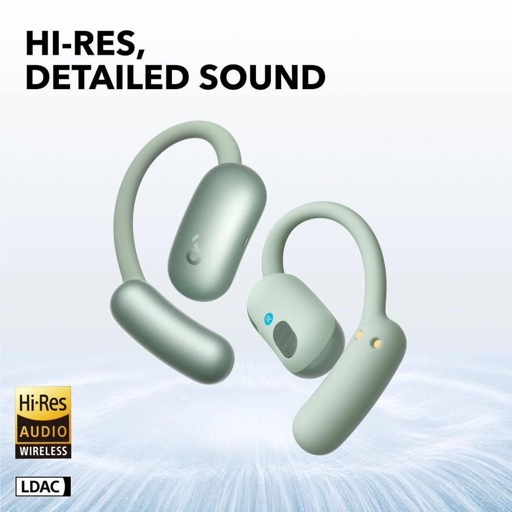 Mint green open-ear wireless earbuds, matte finish and oval control surface