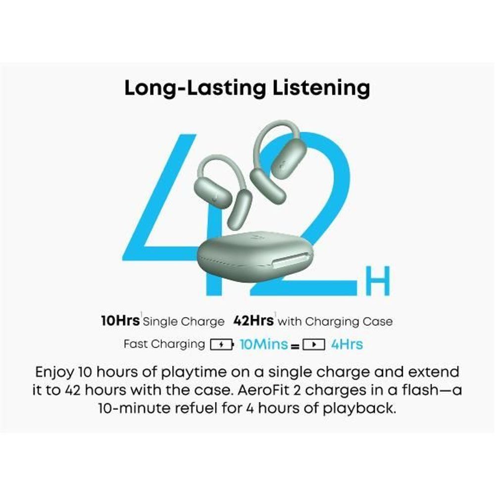 Mint green open-ear wireless earbuds with compact charging case outline