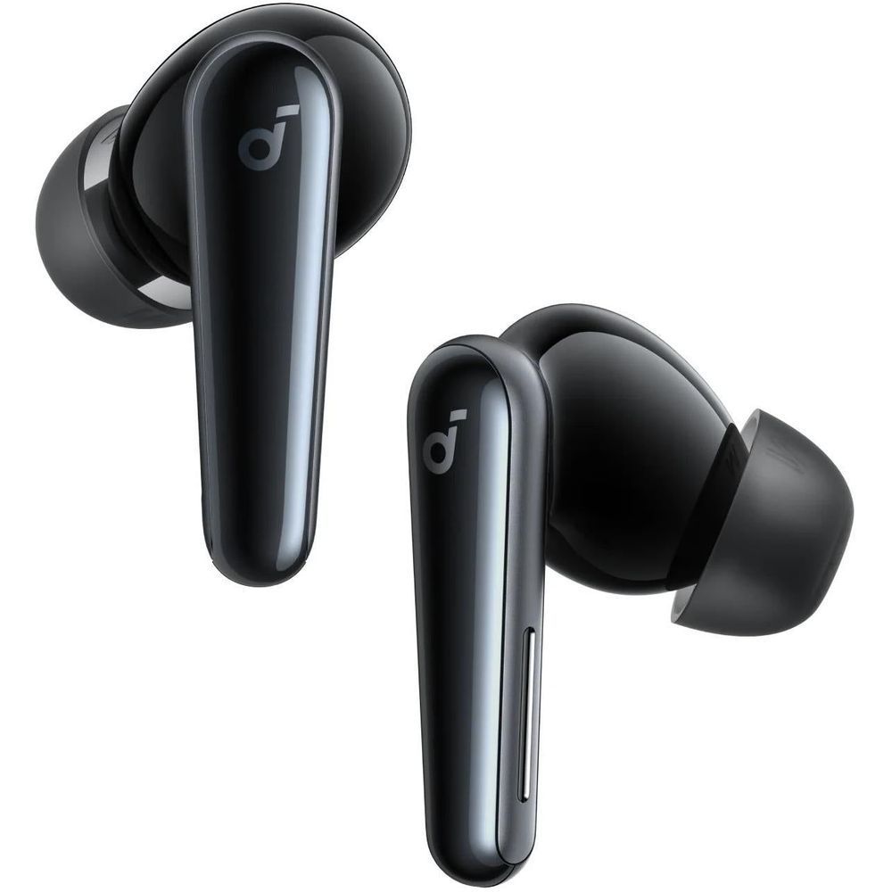 Black noise-cancelling earbuds, angled close-up of two earphones