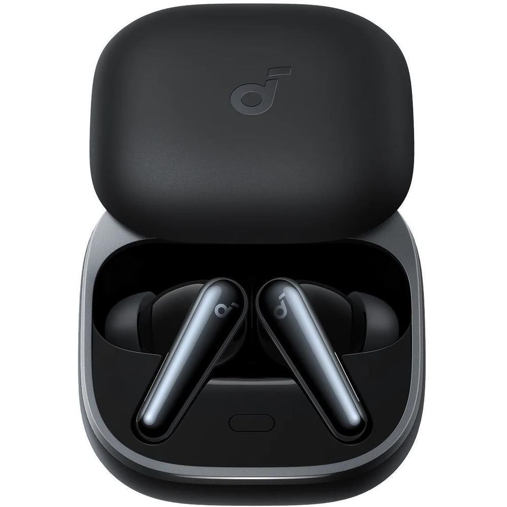 Black charging case open with two black noise-cancelling earbuds inside