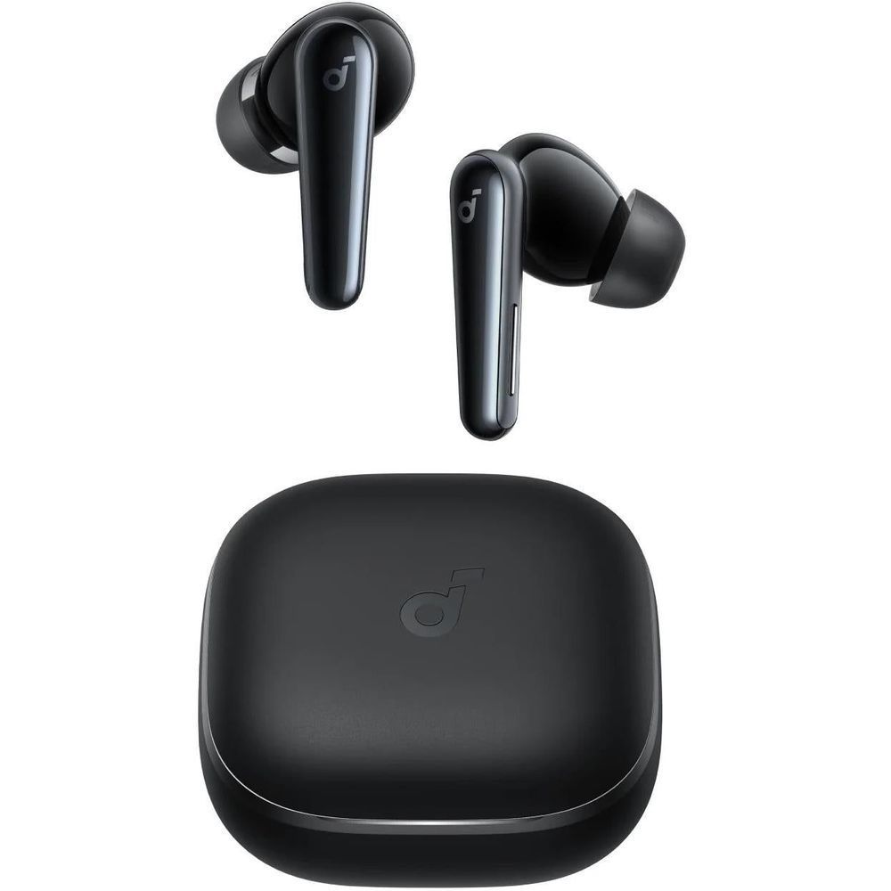 Black noise-cancelling earbuds with closed charging case, angled view