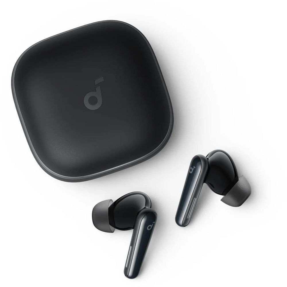 Black charging case with two black noise-cancelling earbuds, spread layout