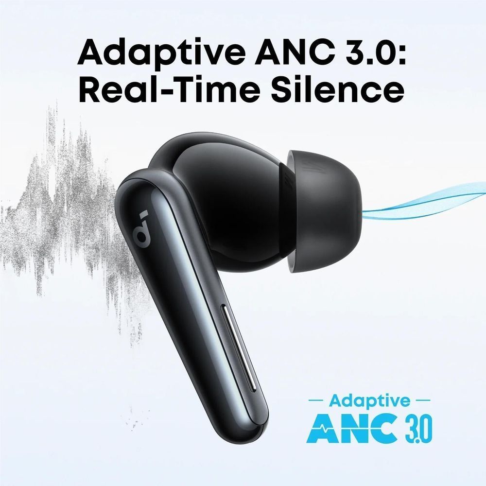 Black noise-cancelling earbuds shown at an angle, ear tips visible