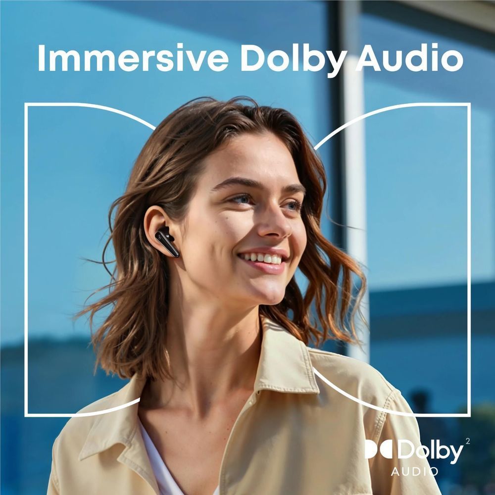 Woman wearing black noise-cancelling earbuds in one ear