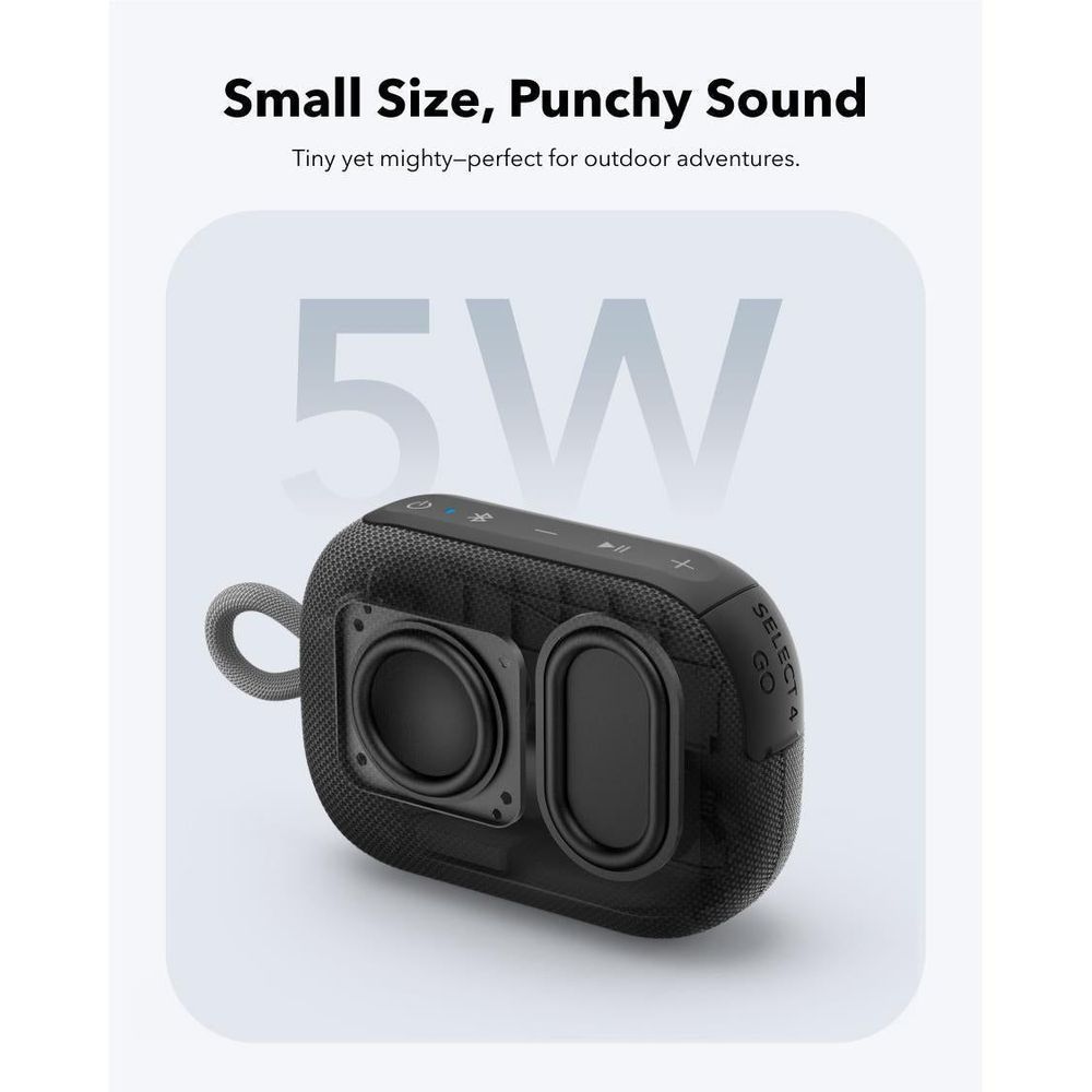 Black compact Bluetooth speaker with front speaker grille and carrying strap