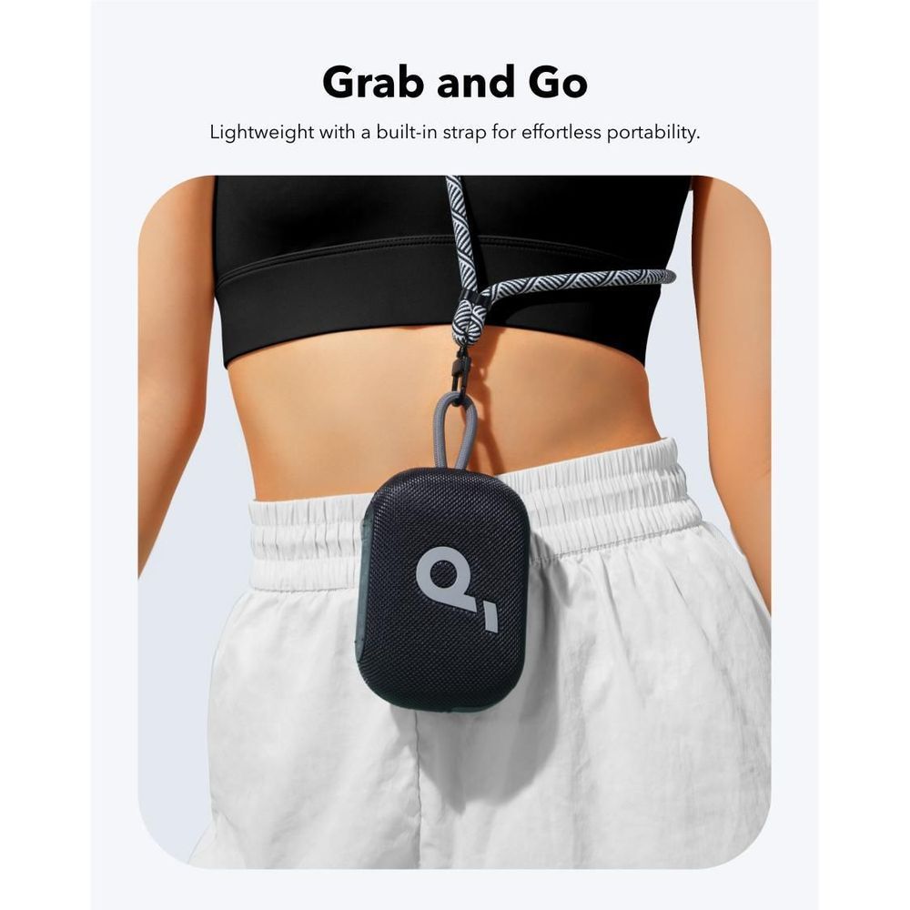 Black compact Bluetooth speaker on a waist strap with a keyring loop