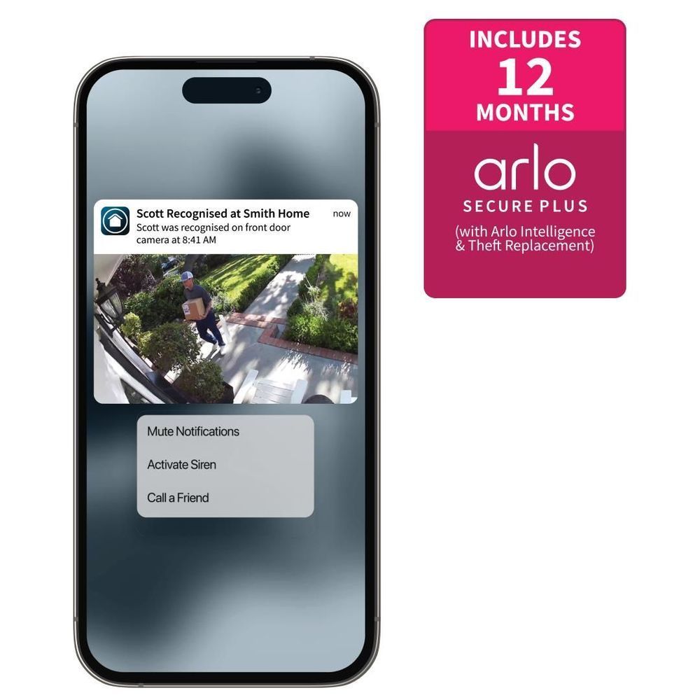 Smartphone app screen with recognition notification and Arlo Secure Plus subscription badge