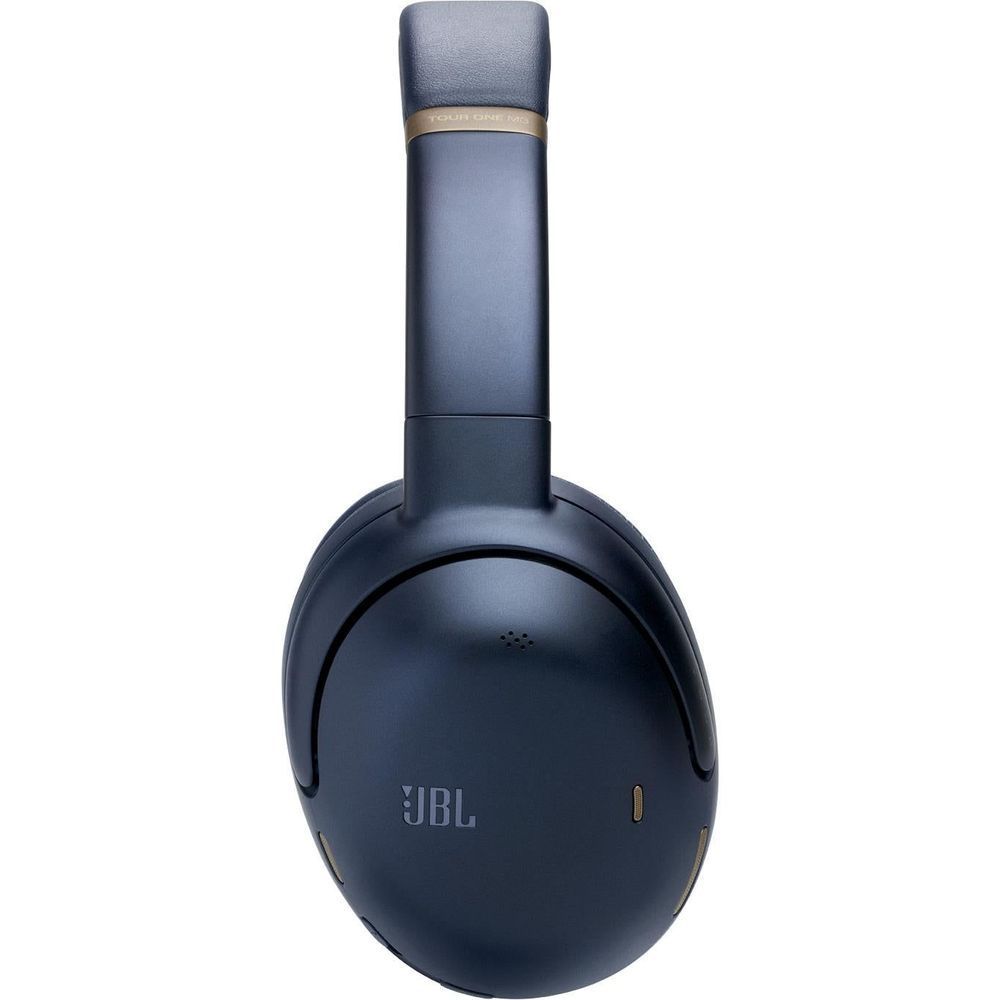 Blue over-ear wireless headphones with padded headband and single earcup view