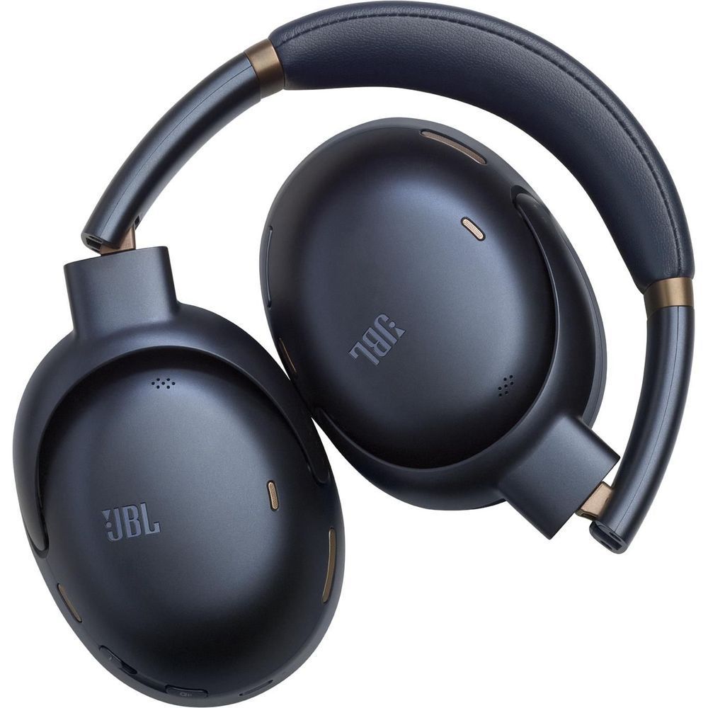 Blue over-ear wireless headphones showing both earcups and adjustable headband