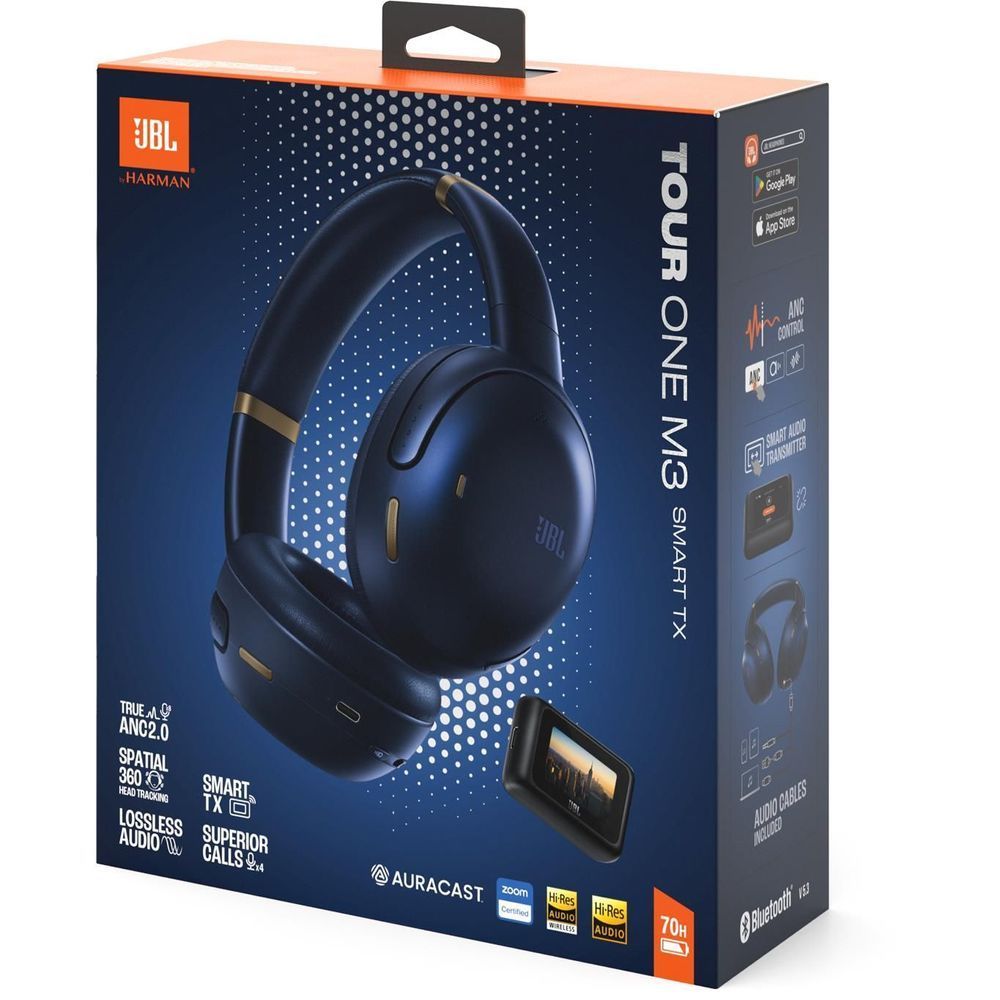 Blue JBL headphones with zip case, cables, and small wireless module accessory
