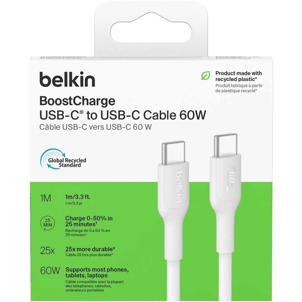 Belkin BoostCharge USB-C 60W 2.0 PCR Cable [1m] (White)