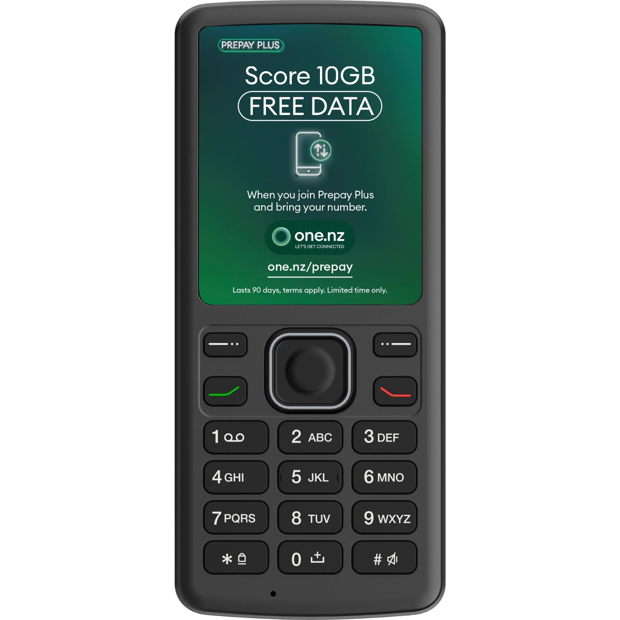 Black feature phone front view with keypad and display