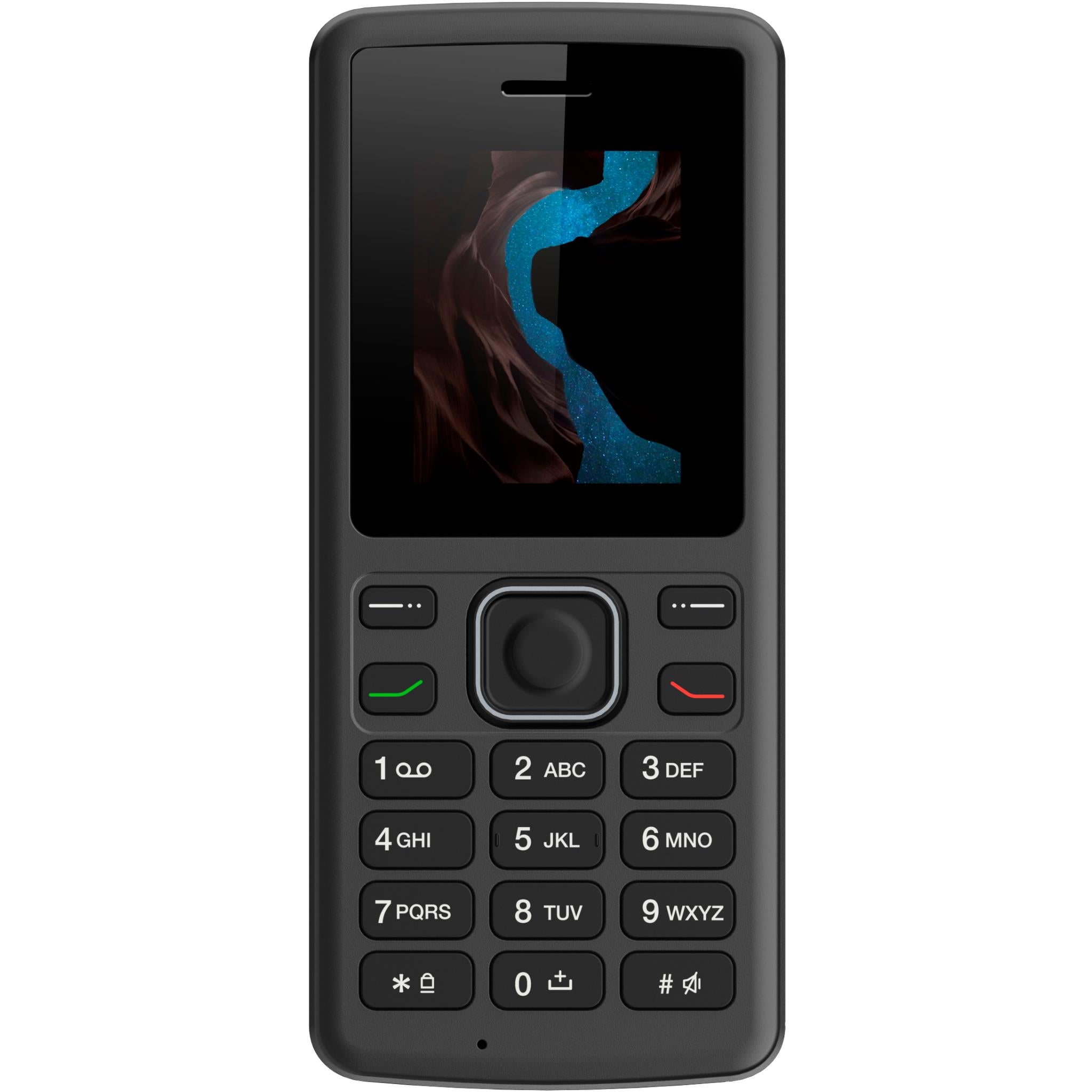 Black feature phone front view with lit display and keypad