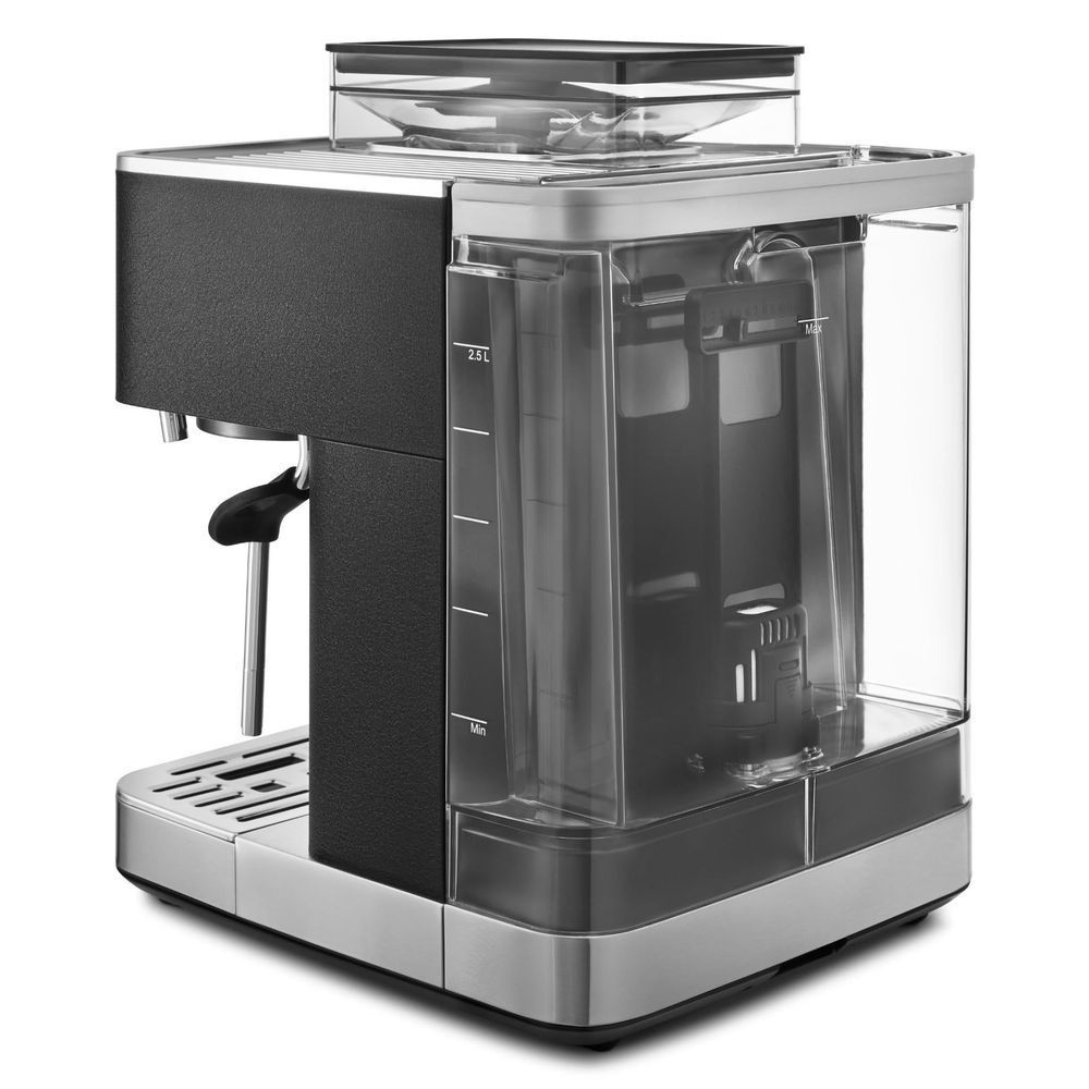 KitchenAid semi-automatic espresso machine with burr grinder, black housing and clear bean hopper