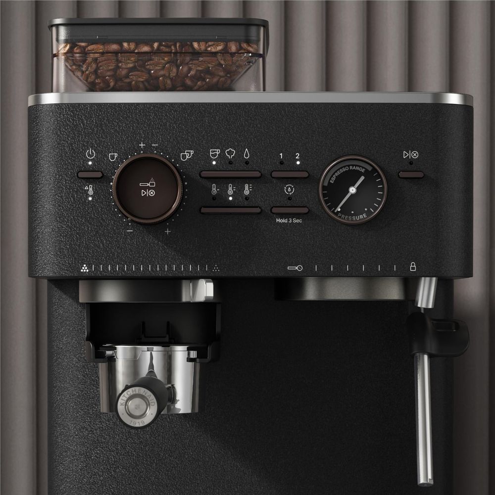 KitchenAid semi-automatic espresso machine control panel, black with stainless portafilter and grinder dial
