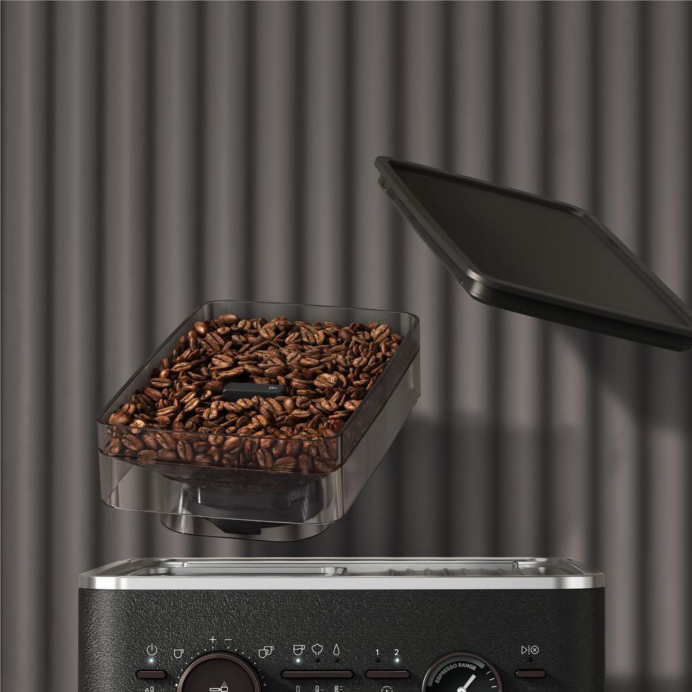 KitchenAid semi-automatic espresso machine with burr grinder, coffee beans in clear hopper