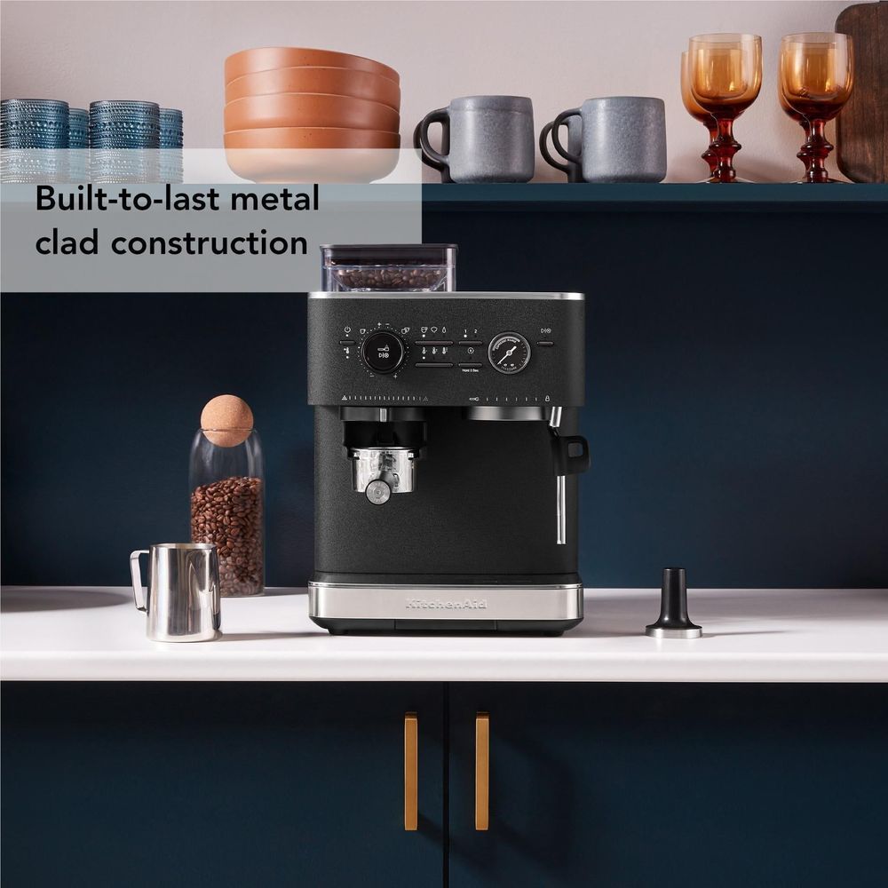 KitchenAid semi-automatic espresso machine with burr grinder, black and stainless front view