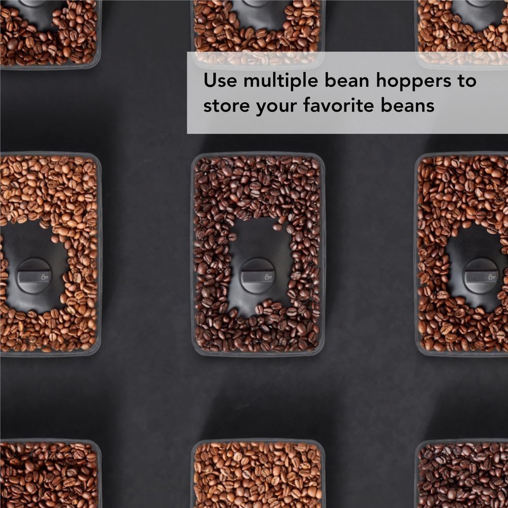 Bean hopper compartments for KitchenAid semi-automatic espresso machine, filled with coffee beans