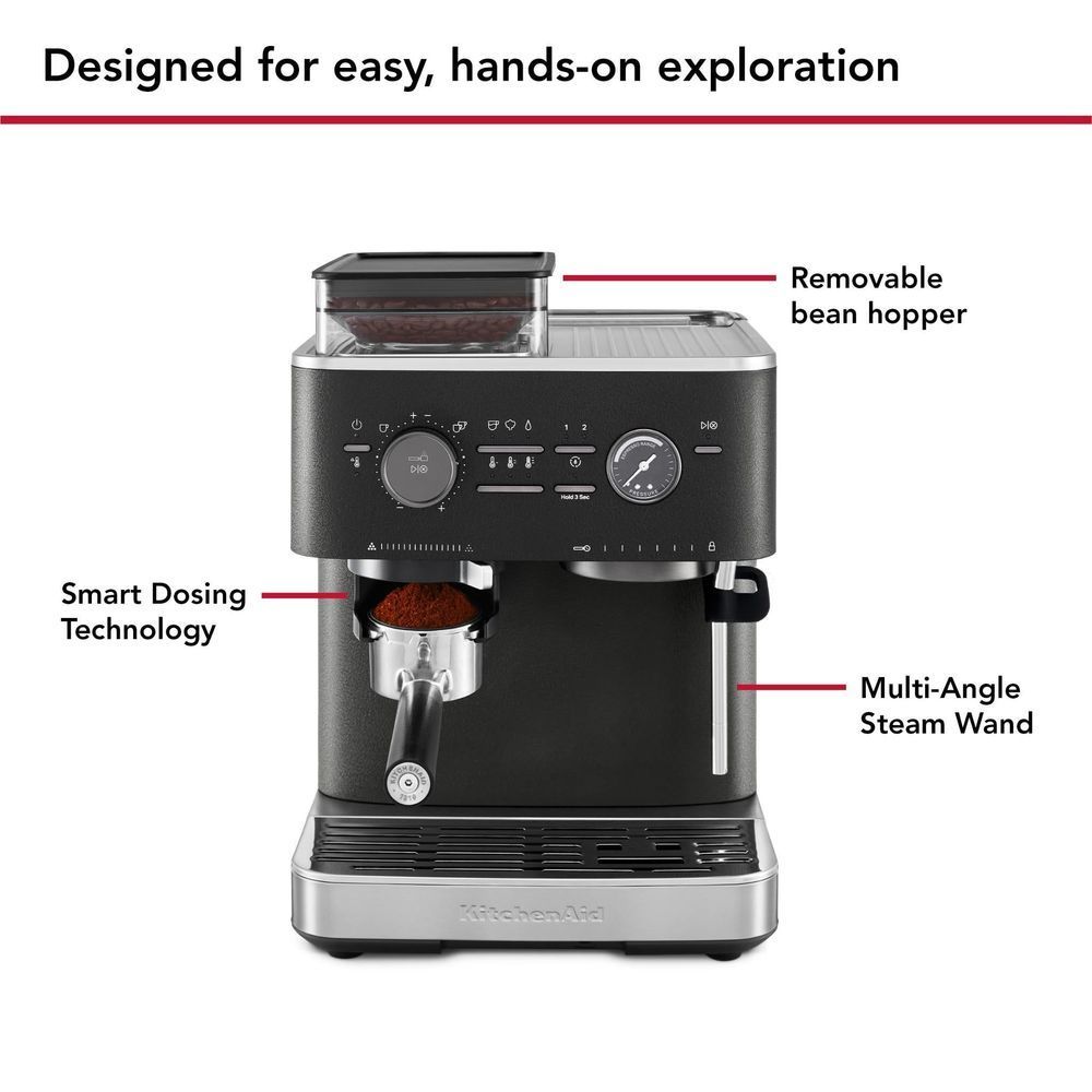 KitchenAid semi-automatic espresso machine showing removable bean hopper and multi-angle steam wand