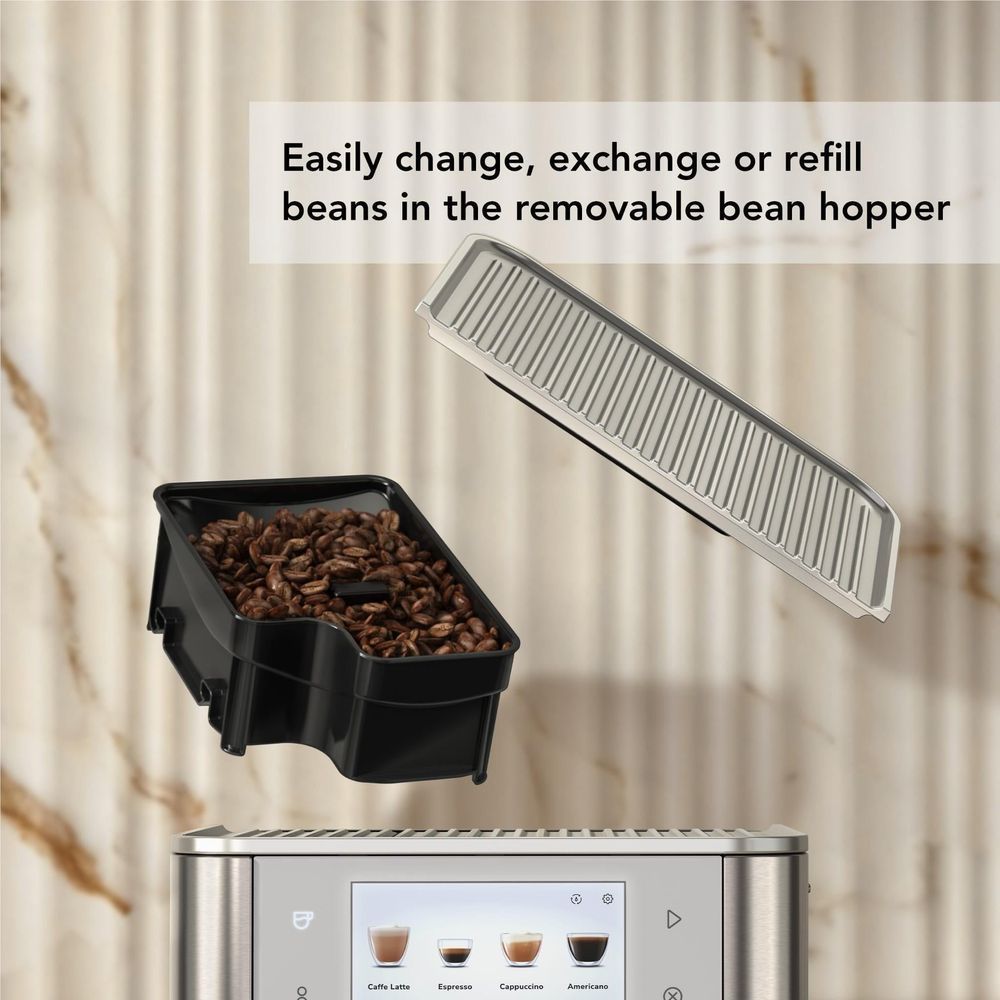 Stainless espresso machine with removable bean hopper filled with coffee beans