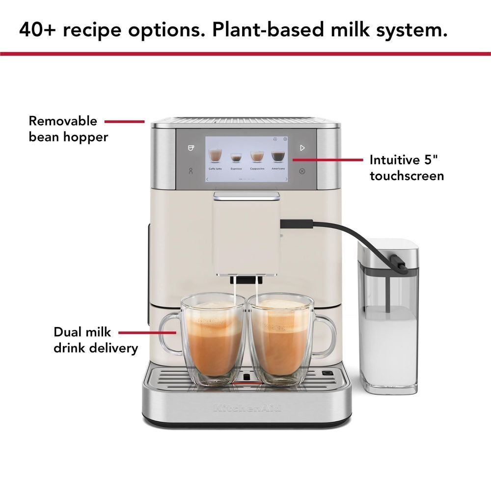 Fully automatic espresso machine with dual milk drink delivery and touch screen