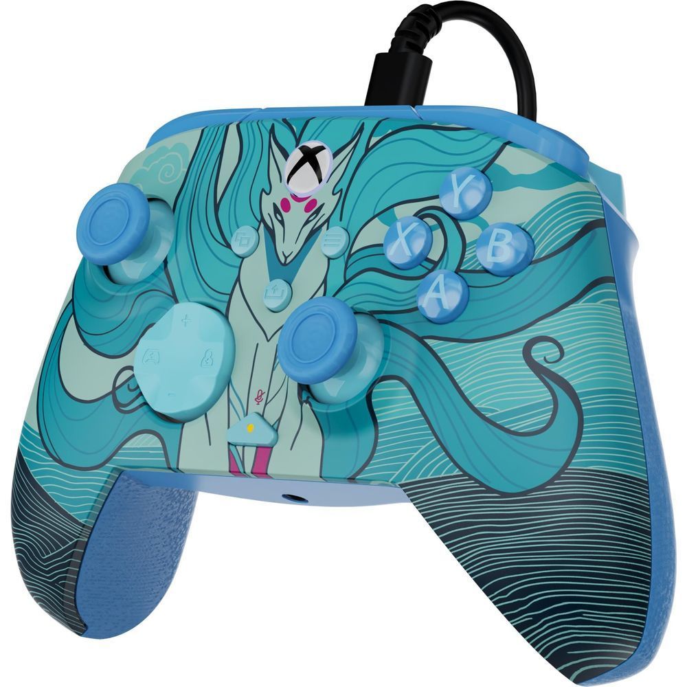 Wired gaming controller with blue Kitsune theme, blue face buttons and thumbsticks