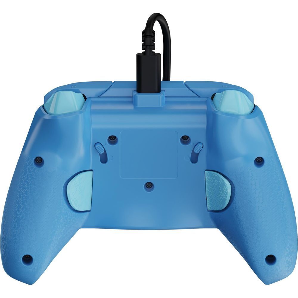 Wired gaming controller back view with light-blue grips and four rear buttons