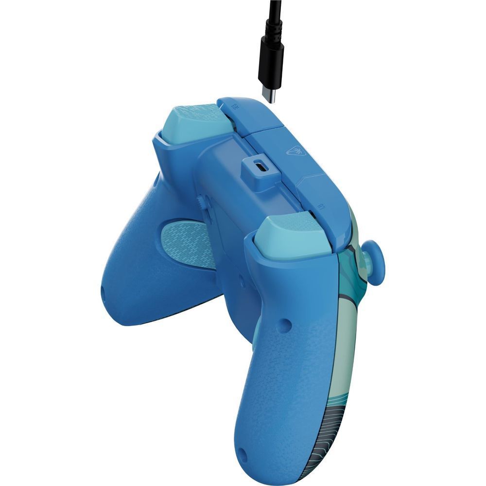 Wired gaming controller side view with blue shell, trigger area, and attached cable
